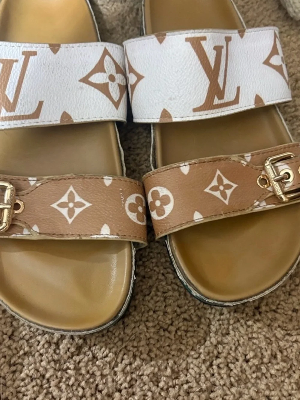 Kids Monogram Slip-On Sandals in White and Tan